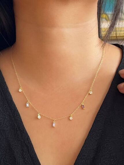 Collar de Gotas de Cristal Morado en Plata de Ley 925  Gargantilla Elegante con Circonitas para Mujer  Joyería Fina