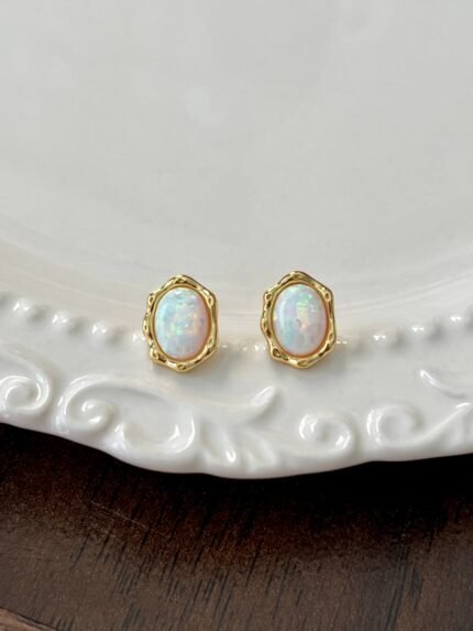 Opal sterling silver plated 18k gold earrings-Crisjoyas
