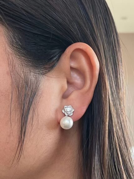 Pendientes de Plata de Ley 925 con Perla y Flor de Circonita Brillante Estilo Romántico y Elegante