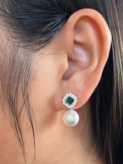 Pendientes de Plata de Ley 925 con Perlas y Circonita Esmeralda Cuadrada de Lujo Vintage
