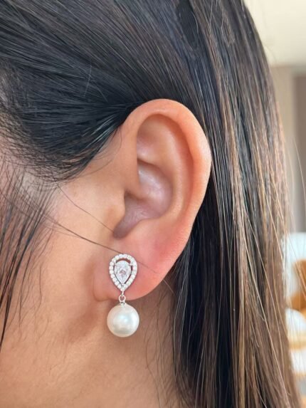Pendientes de Plata de Ley 925 con Perlas y Circonita en Forma de Gota Estilo Novia y Elegante