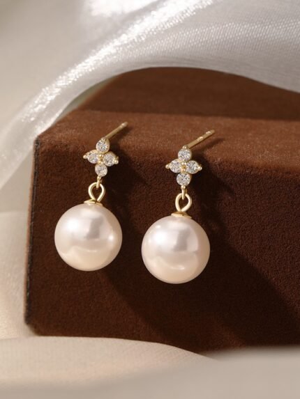 Pendientes de perla de plata 925 con trebol de cuatro hojas